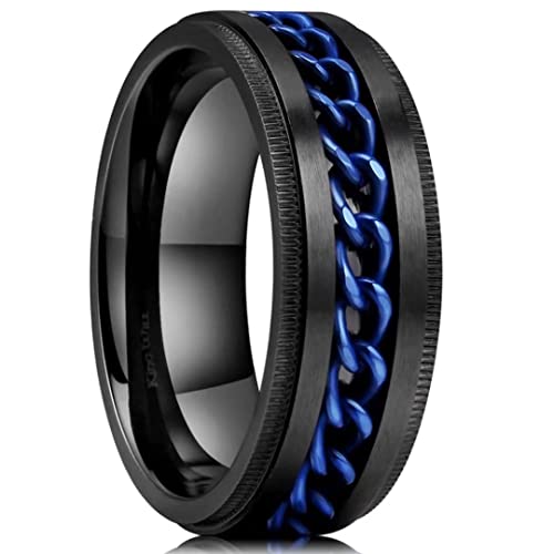 King Will Intertwine 8mm Spinner-Ring Schwarz & Blau Rand Gezahnter Edelstahl Fidget-Ring Angstring für Männer 56.9 (18.1) von King Will