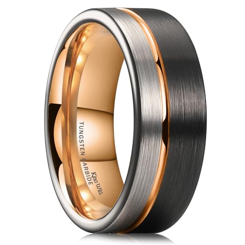 King Will Loop Wolframkarbid Hochzeit Band 8mm Rose Gold Line Ring Schwarz und Silber gebürstet Comfort Fit 13 von King Will