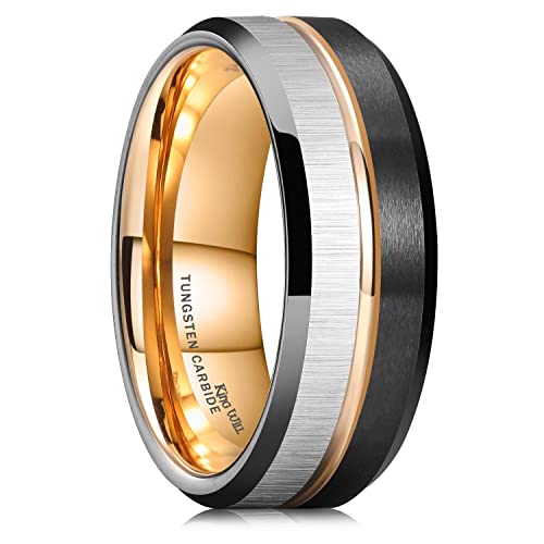 King Will Loop Wolframkarbid Ring für Männer Frauen Zentrum Rose Gold Groove Hochzeit Bands Oberfläche Silber Querstreifen gebürstet Finish und schwarz matt Rose Gold Comfort Fit 7 von King Will
