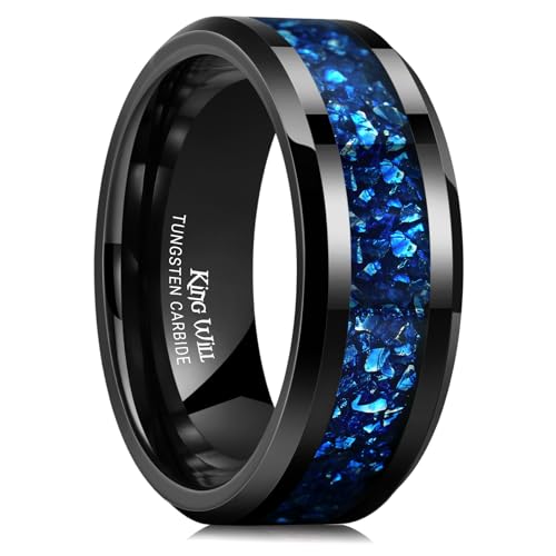 King Will Meteorit Wolframringe für Männer, 8 mm blaue Opaleinlage, schwarze Beschichtung, polierte abgeschrägte Kanten, Verlobungsringe, Jubiläumsringe, komfortable Passform 59.4 (18.9) von King Will