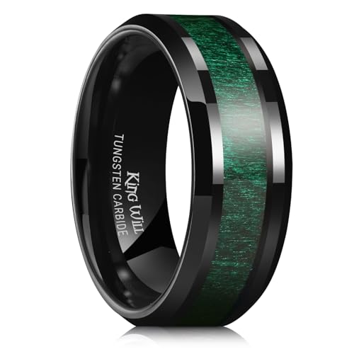 King Will NATURE 8mm Herren Schwarzer Wolframkarbid Hochzeitsring mit grünem Holzeinlage, Komfortgröße 59.4 (18.9) von King Will