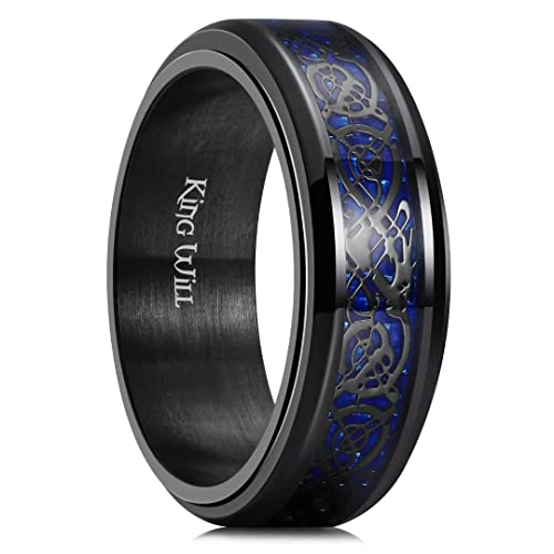 King Will Schwarzer Fidget Ring Keltischer Drache Spinner Ring Edelstahlring mit blauem Karboneinlage 8mm Angstring für Männer und Frauen Größe 7 von King Will