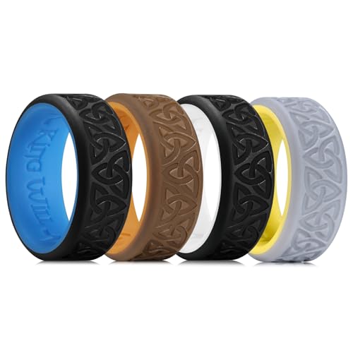 King Will Silikon-Eheringe für Männer, 4 Pack Gummi-Eheringe mit keltischem Knotenmuster, 8mm breit 2.2mm dick, Komfort-Passform Größe 10 von King Will
