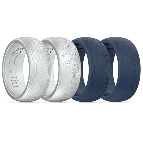 King Will Silikon-Herrenring Atmungsaktive Eheringe für Männer, 8 mm breites Gummi-Verlobungsband, Geometrie/Wellen-geätztes Design, Comfort-Fit-Ring 4 Pack-Silber/Dunkelblau/Grau, Größe 69.7 (22.2) von King Will