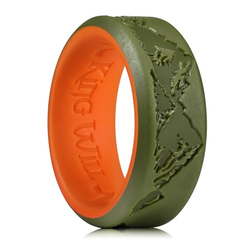 King Will Silikonringe für Männer, Olivgrün & Orange Gummi-Eheringe mit einzigartigem Mountain Peak Design, 8mm breit 2. 2mm dick, Comfort Fit Größe 13 von King Will