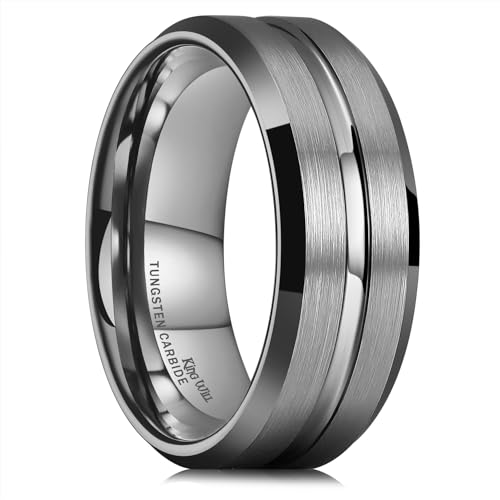 King Will Wolframkarbid Ehering für Männer und Frauen - 8mm, waffenmetallgrau mit eingearbeiteter Rille, geeignet für Arbeit und Fitnessstudio, komfortable Passform 62.2 (19.8) von King Will