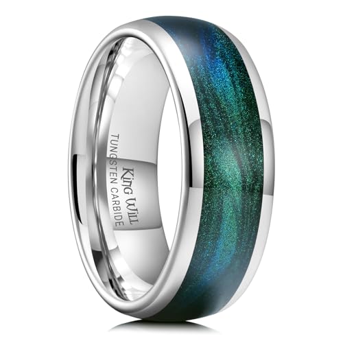 King Will Wolframkarbid-Ring für Herren - 8mm Gunmetal Trauring mit blau-grüner Sand-Einlage, gewölbte Hochglanzoptik, ideal für den täglichen Gebrauch 11 von King Will