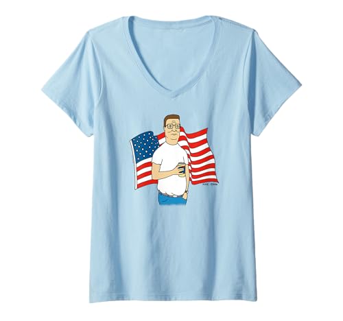 Damen King of the Hill Hank Hill and American Flag Cartoon T-Shirt mit V-Ausschnitt von King of the Hill