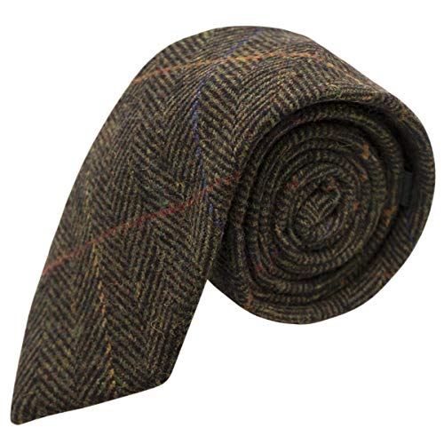 Jungen-Krawatte mit Fischgrätenmuster, Tweed, Dunkelolivgrün von King & Priory