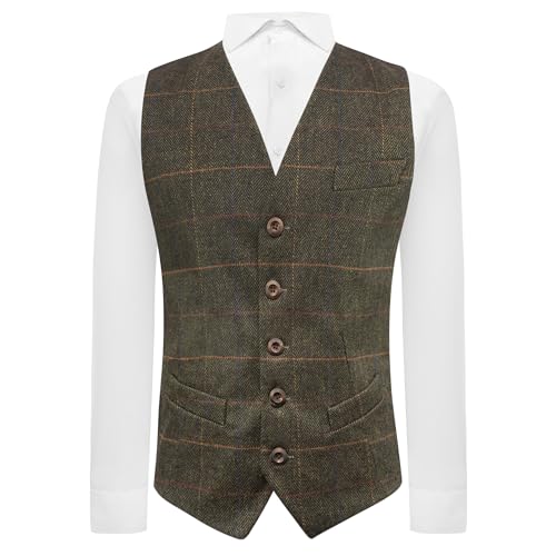 King & Priory Olivgrüne Fischgräten-Karoweste aus Tweed Gr. L, olivgrün von King & Priory