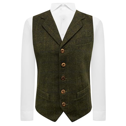 Luxuriöse Wacholder-Weste mit Fischgrätenmuster, kariert, mit Revers, Tweed, grün, M Luxuriöse Wacholder-Weste mit Fischgrätenmuster, kariert, mit Revers, Tweed, grün, M von King & Priory