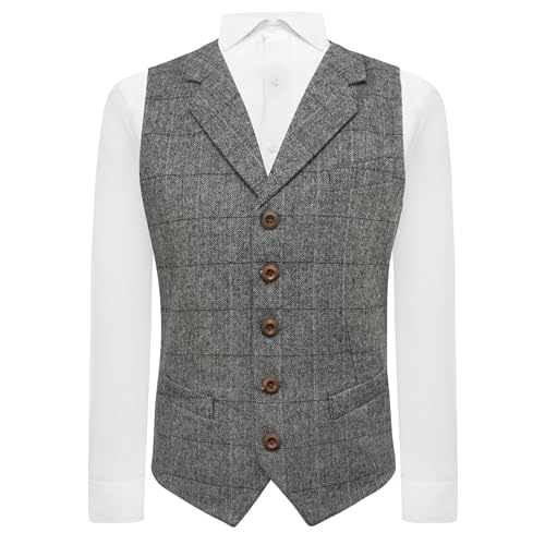 King & Priory Zinngraue Weste mit Fischgrätenmuster, mit Revers, Tweed Gr. L, Zinngrau von King & Priory