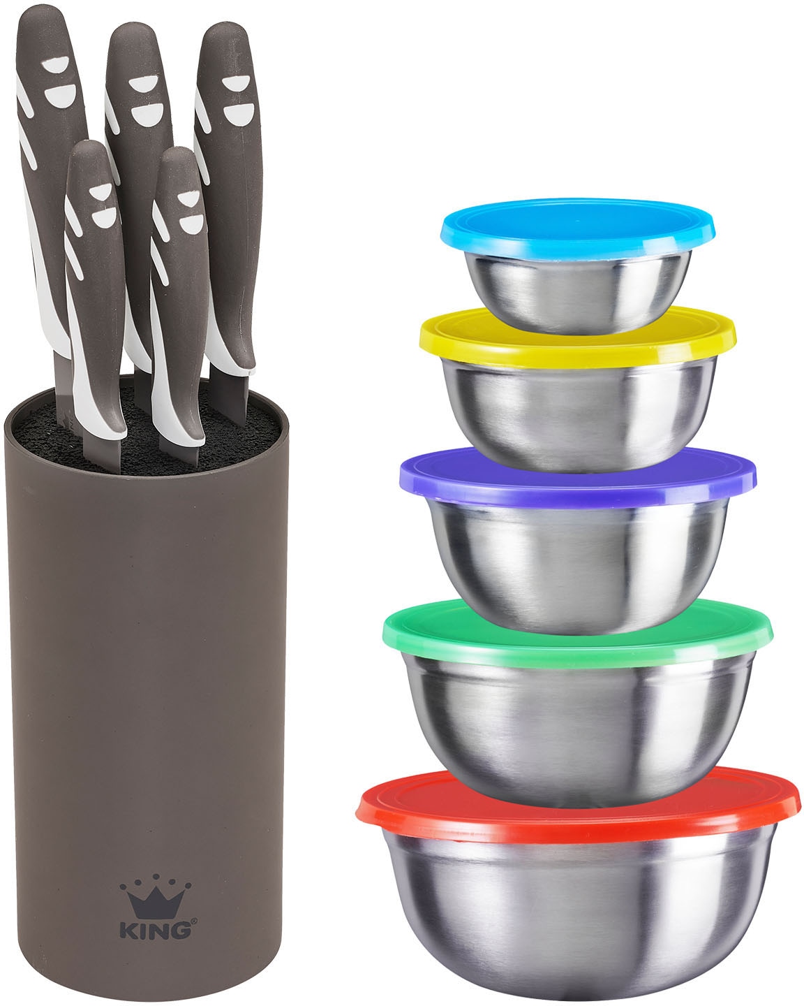 KING Allzweckmesser "ANTHRA FUNNY" 16tlg 1 Messerblock, 5 Messer, 5 Schüsseln aus Edelstahl inkl. Deckeln von King