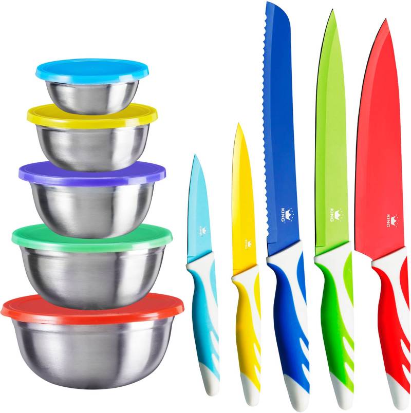 KING Allzweckmesser "BUNT" 15tlg., 5 Messer, 5 Schüsseln aus Edelstahl inkl. Deckel von King