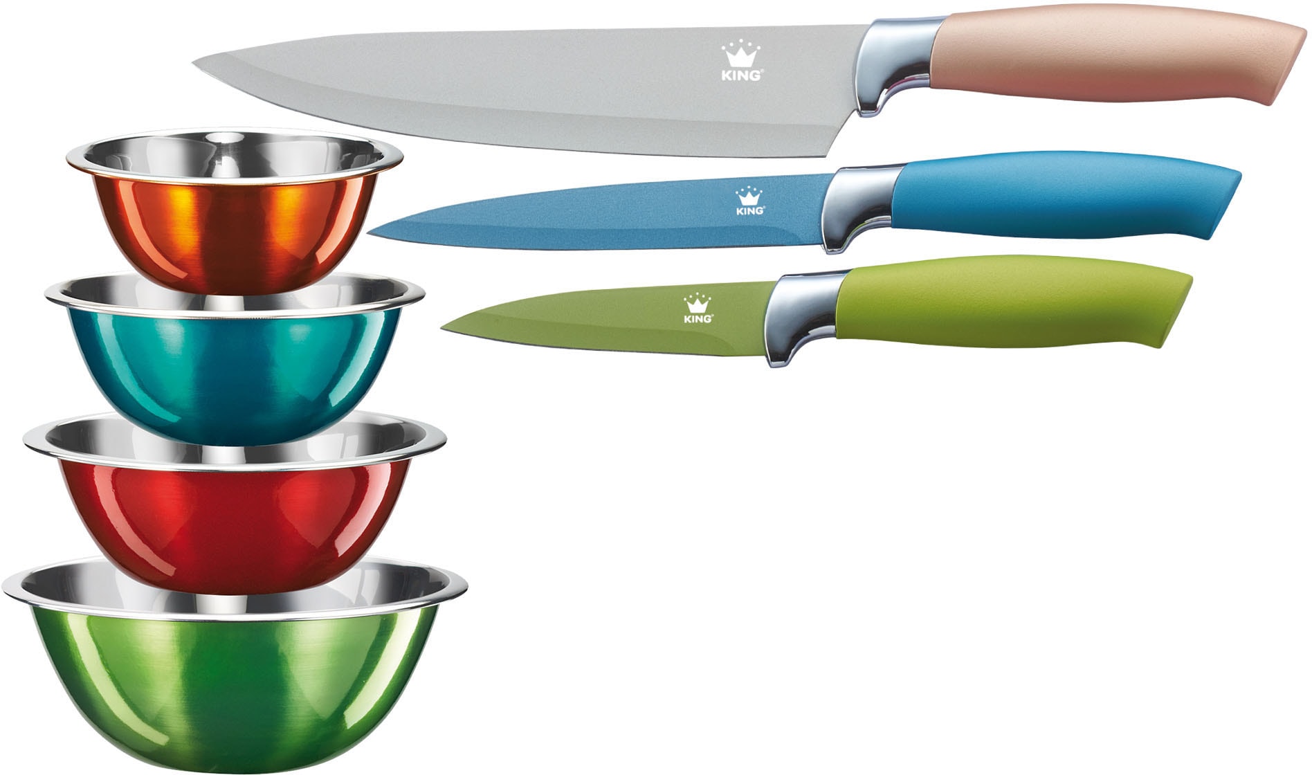 KING Allzweckmesser "Metallic", (Spar-Set, 7 tlg., 3x Messer,-4x Schüsseln22cm,20cm,18cm, 16cm) von King