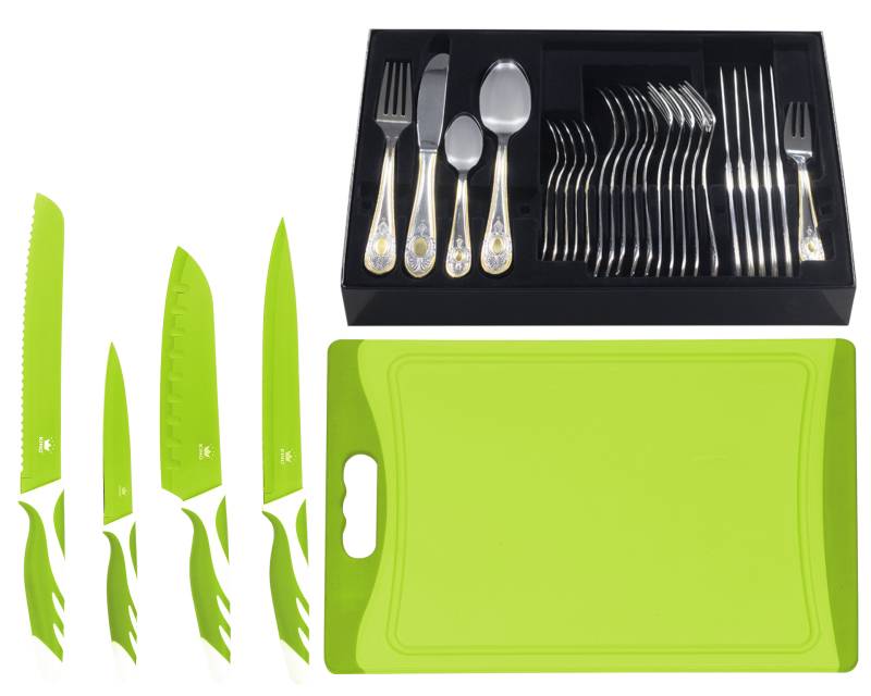 KING Besteck-Set ""BAS GOLD"" mit Dekor in Gold-Optik, inkl. Etui, 4 Küchenmesser, 1 Schneidebrett von King