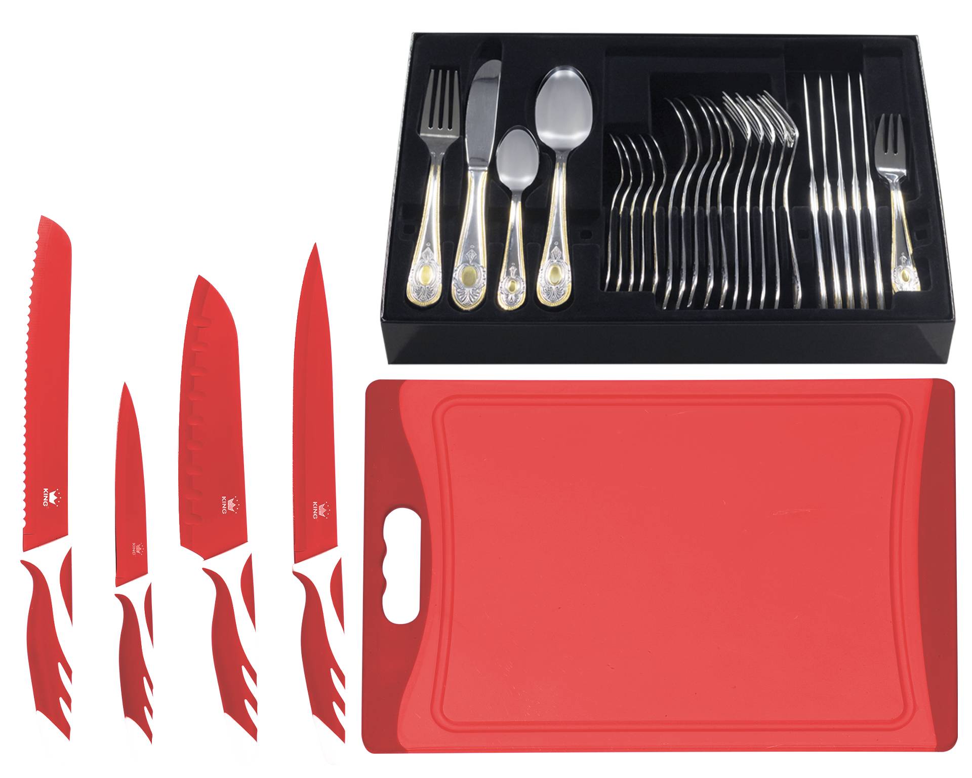 KING Besteck-Set ""BAS GOLD"" mit Dekor in Gold-Optik, inkl. Etui, 4 Küchenmesser, 1 Schneidebrett von King