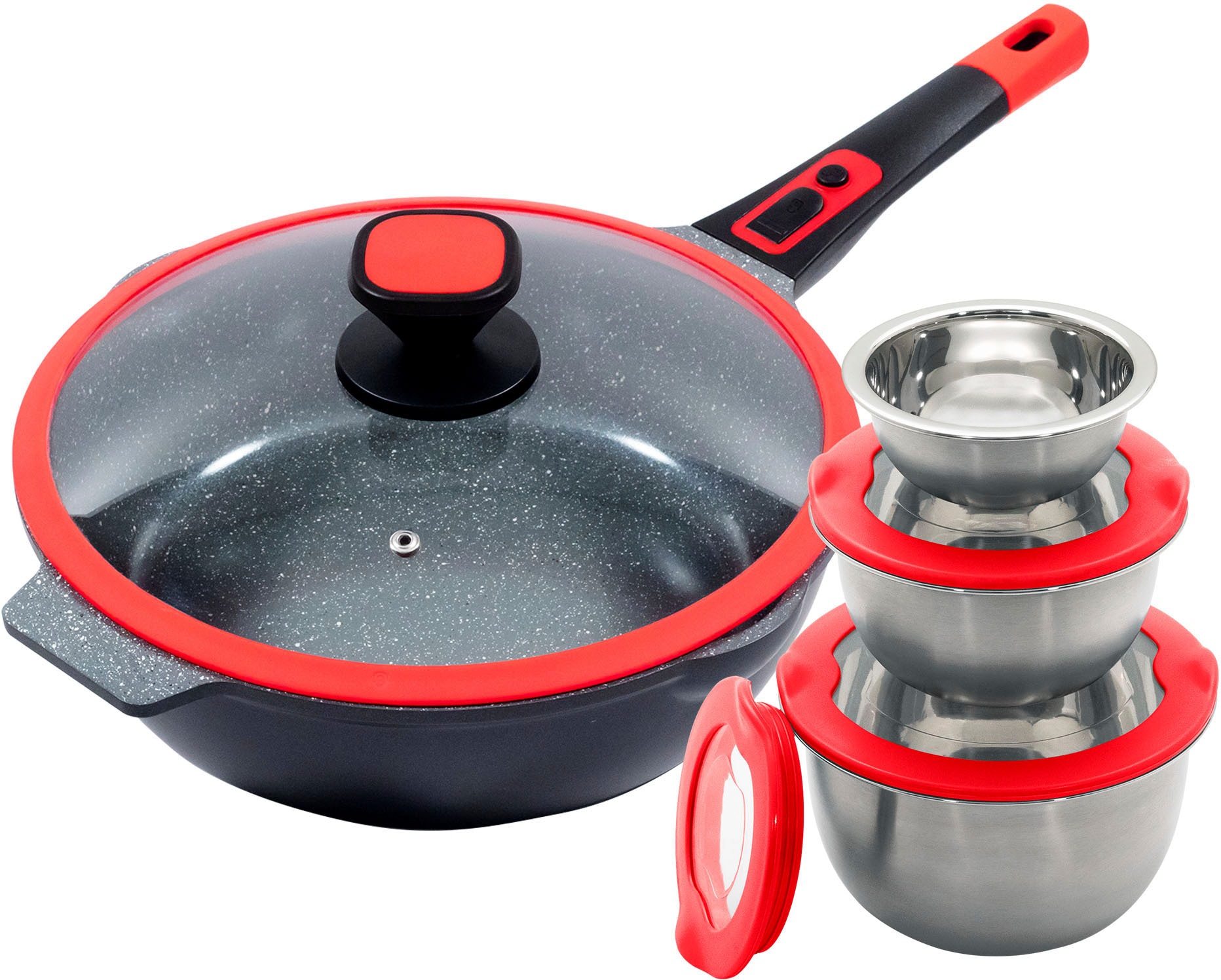 KING Bratpfanne "Click-Grip", Aluminiumguss, (Set, 8 tlg., 3 Schüsseln Ø17.5 Ø14.5cm Ø12cm mit Deckeln, 1 Pfanne Ø28cm mit Deckel), Induktion, mit Glasdeckel, abnehmbarer Pfannengriff, 28 cm von King