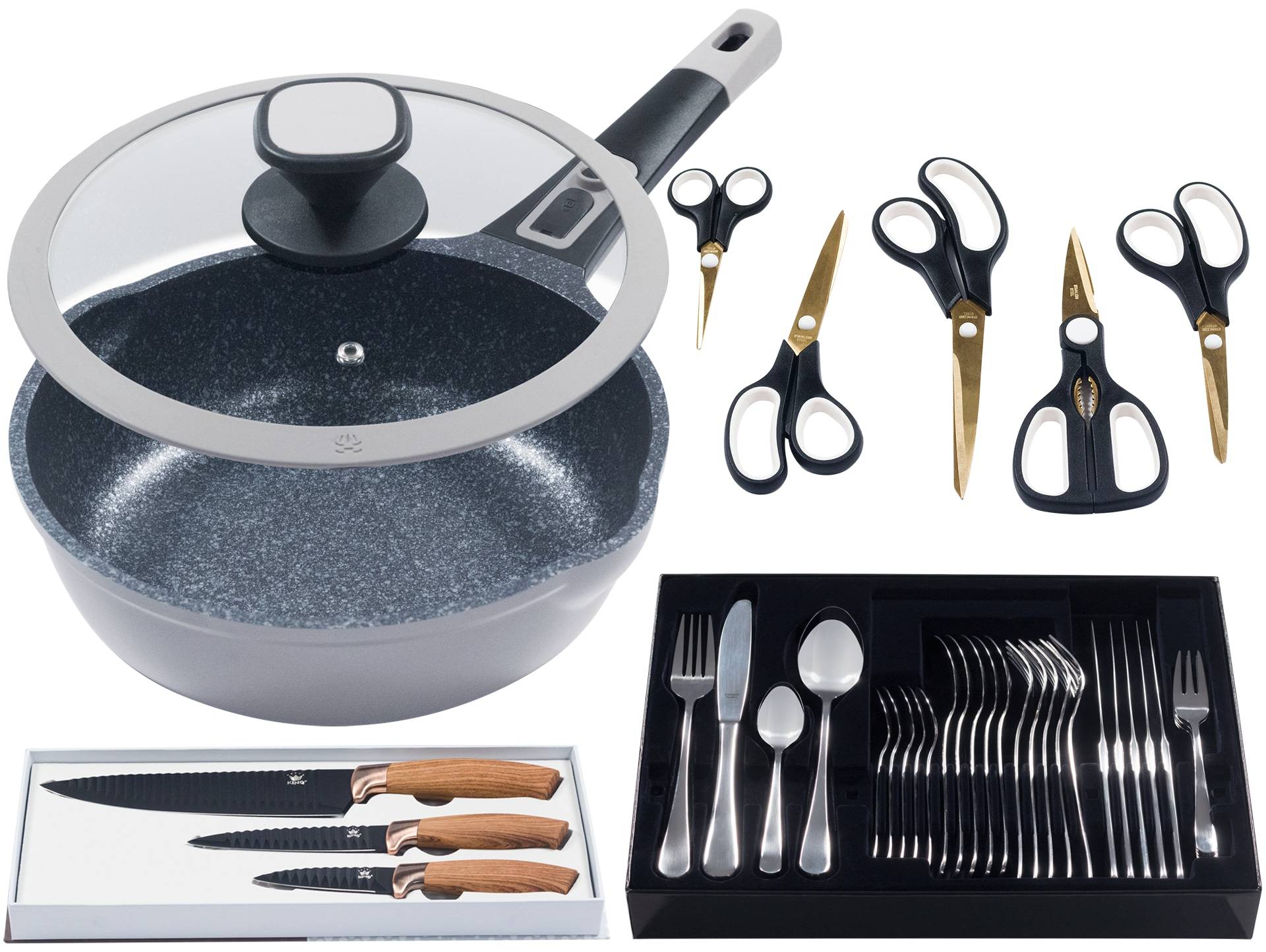 KING Bratpfanne "Küchenstart" Aluminiumguss Set, Küchenmesser, Scheren, Besteck, Bratpfanne + Deckel Ø 24 cm,Induktion von King