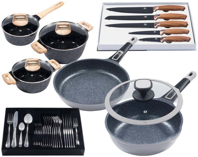 KING Pfannen-Set "Moonscape" Aluminiumguss Set, 11 Stk. tlg. Induktion, (Töpfe+Glasdeckel, Pfannen+Deckel,Messer,Besteckset) von King
