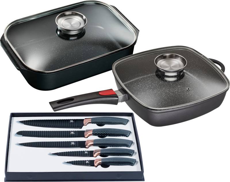 KING Pfannen-Set "Square" Aluminiumguss Set, 1x Eckpfanne 28x28 cm, 1x Bräter 40x26 cm, 1x Messer-Set (5-teilig), 7 Stk. tlg. Induktion, inkl. Messer-Set von King