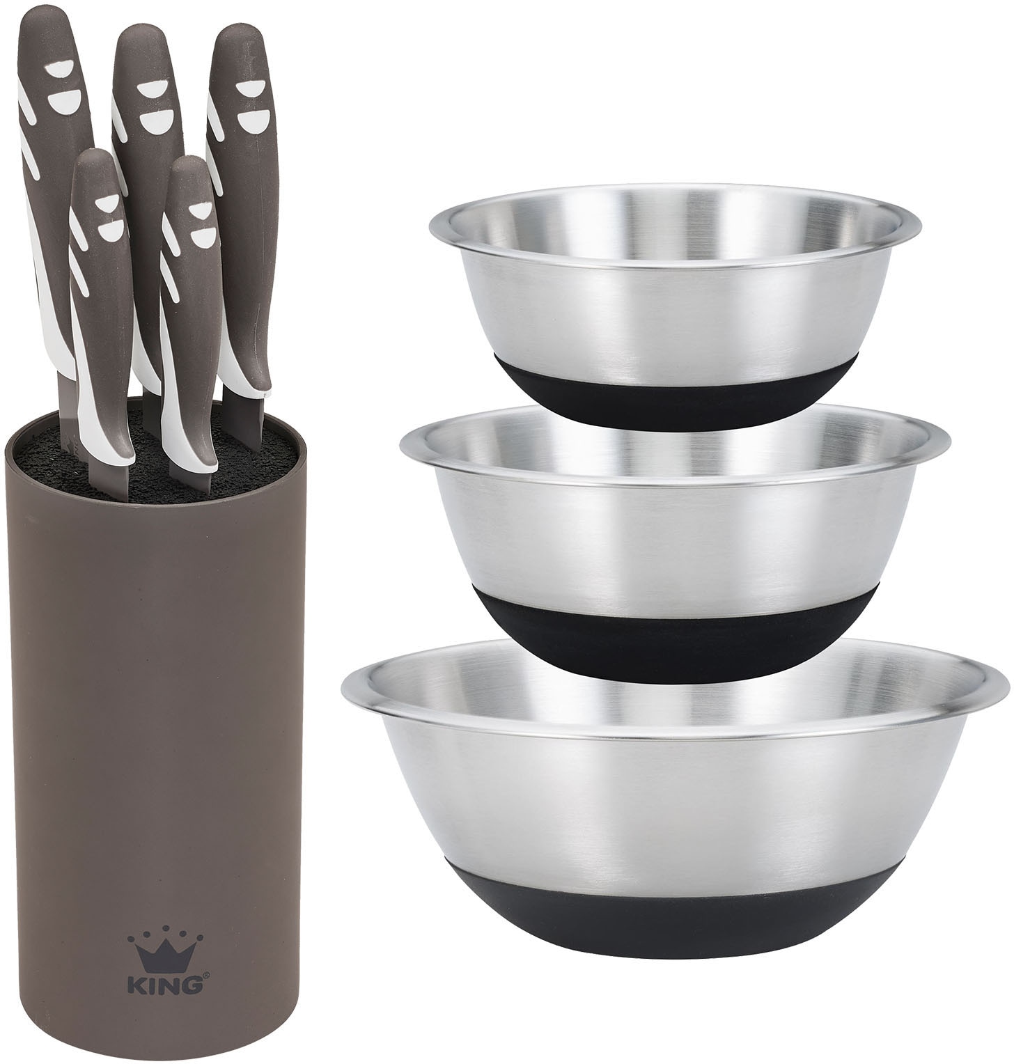 KING Schüssel "ANTHRA STEEL" 9 Stk. aus Edelstahl 3 Schüsseln, 1 Messerblock, 5 Messer von King