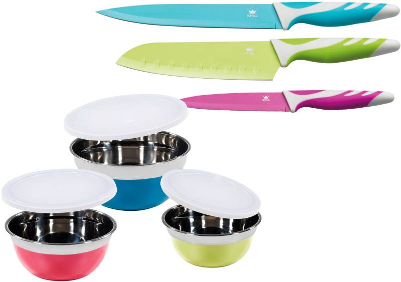 KING Schüssel "IMORA" 9 Stk. aus Edelstahl 3 Schüsseln aus Edelstahl, 3 Kunststoffdeckel, 3 Messer von King