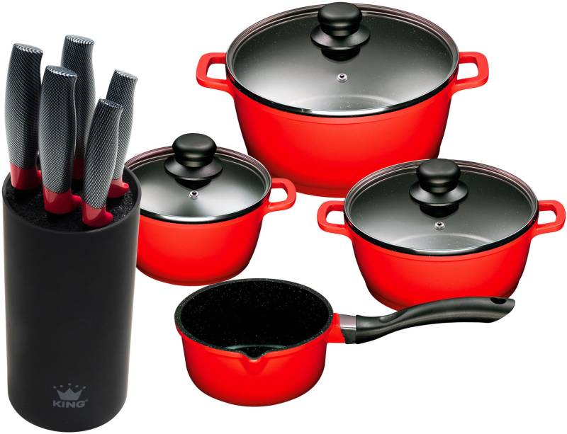 KING Topf-Set Set, 4 Töpfe, 3 Deckel, 1 Messerblock, 5 Kochmesser, 10 Stk. tlg. Aluminiumguss von King