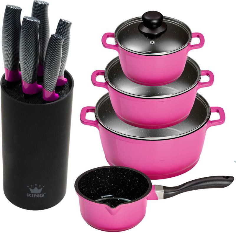 KING Topf-Set Set, 4 Töpfe, 3 Deckel, 1 Messerblock, 5 Kochmesser, 10 Stk. tlg. Aluminiumguss von King