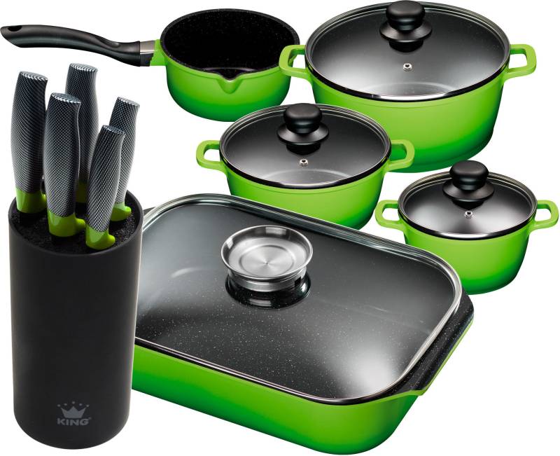 KING Topf-Set Set, 4 Töpfe, 3 Deckel, Bräter, 1 Messerblock, 5 Kochmesser, 11 Stk. tlg. Aluminiumguss von King