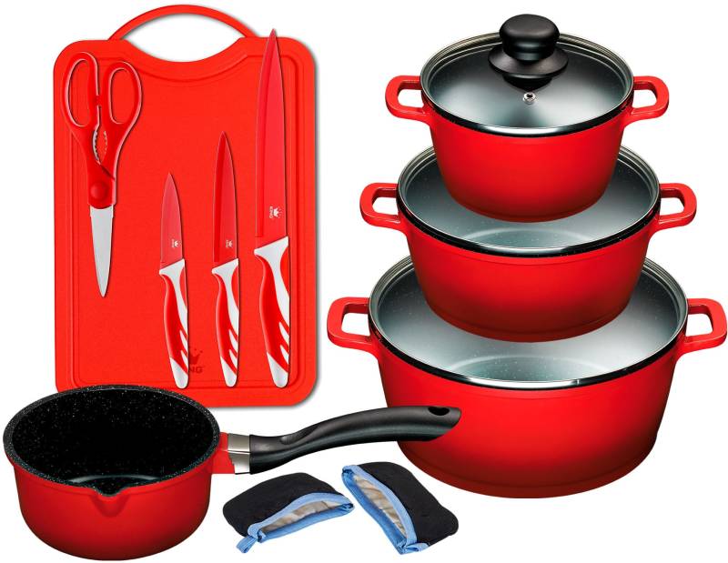 KING Topf-Set "ALUGUSS" Set, je 1 Kochtopf 16/20/24 cm, 1 Stieltopf 16 cm, Schneidebrett mit Messer, 14 Stk. tlg. Aluminiumguss von King