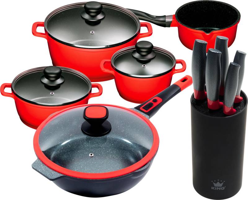 KING Topf-Set "Click-Grip" Set, 4Töpfe,3 Deckel,1 Bratpfanne + Deckel, Messerblock mit 5tlg Messer-Set, 11 Stk. tlg. Aluminiumguss von King