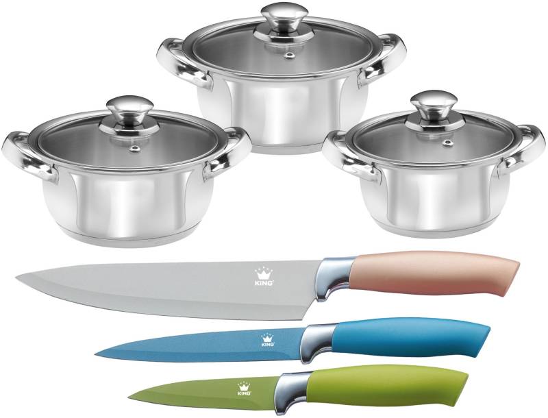 KING Topf-Set "EDELSTAHL" Set, 3 Töpfe Ø 16/18/20 cm inkl. Glasdeckel, 3 Messer, 9 Stk. tlg. Edelstahl von King