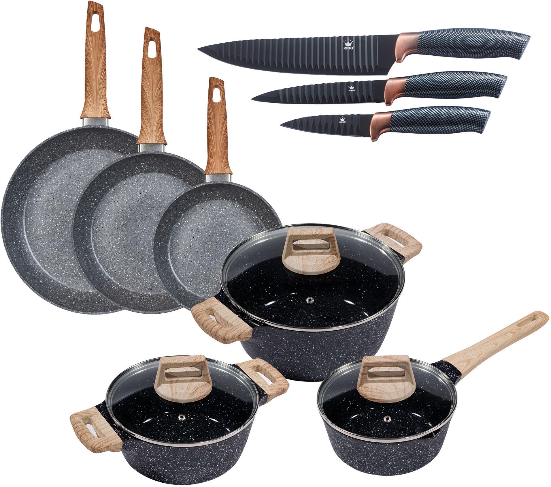 KING Topf-Set "Essential", Aluminium, (Set, 12 tlg., 3 Töpfe, 3 Deckel, 3 Pfannen, 3 Küchenmesser) von King