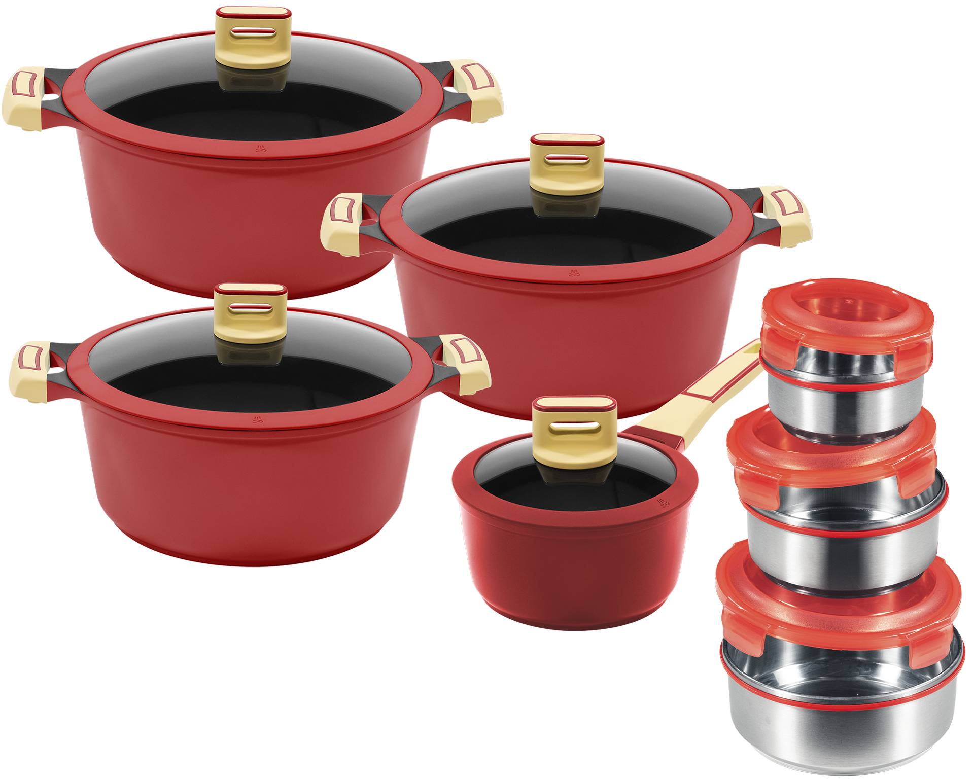 KING Topf-Set "GOURMET" Set, je 1 Kochtopf 18/20/24 cm, 1 Stieltopf 16 cm, Schüssel-Set, 14 Stk. tlg. Aluminiumguss von King