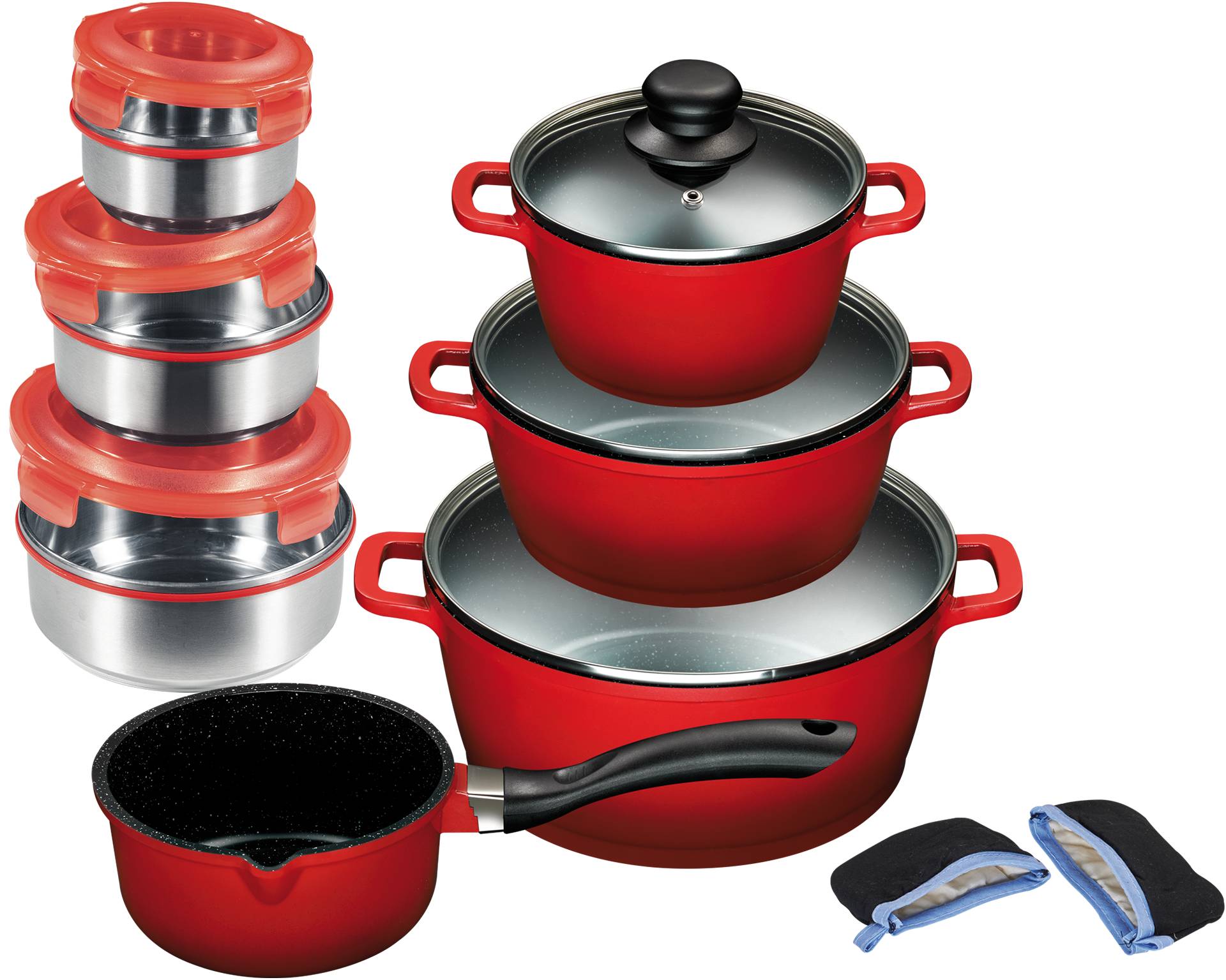 KING Topf-Set "Rosenblüte" Set, je 1 Kochtopf 16/20/24 cm, 1 Stieltopf 16 cm, Schüsselset, Grips, 15 Stk. tlg. Aluminiumguss von King