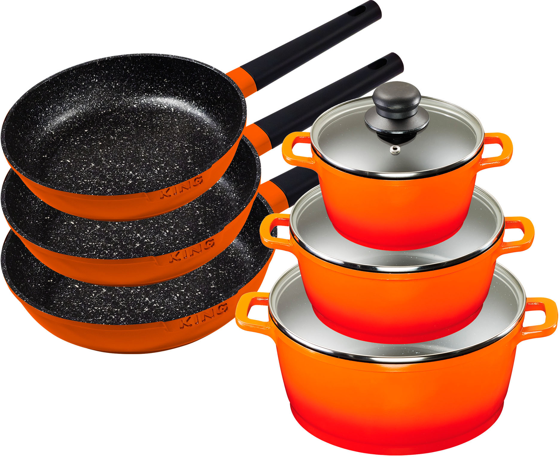 KING Topf-Set "Shine Orange", Aluminiumguss, (Set, 9 tlg., je 1 Kochtopf mit Deckel 18 /20/24 cm, je 1 Bratpfanne 20/24/28 cm) von King