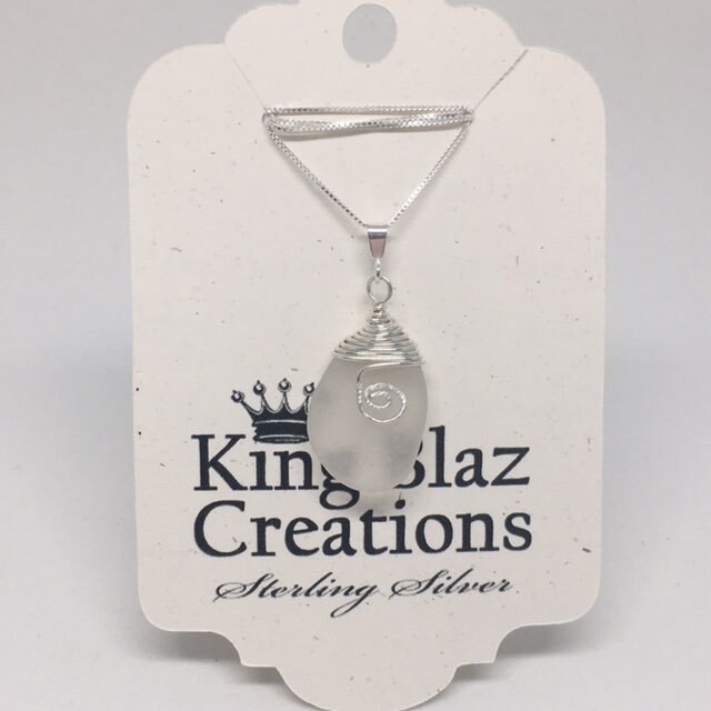 Echtes Seeglas - Weiß Klar, Sterling Silber Halskette, Draht Gewickelt von KingBlazCreations