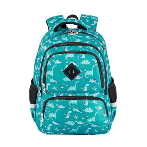 Niedlicher Kinder-Rucksack für Mädchen und Jungen, leichte Schultasche für Vorschule, Grundschule, Teenager, Büchertasche für Kinder von 6–12 Jahren, Dinosaurier (Grün), 17inch von KingCheer