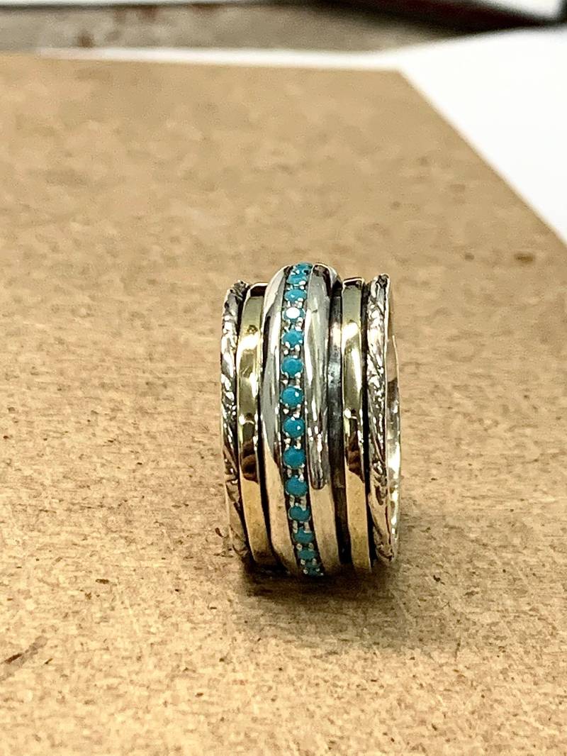 Türkis Spinner Ring, 9K Gold Statement Chunky Boho Big Band Frauenring von KingDavidJewelryIL