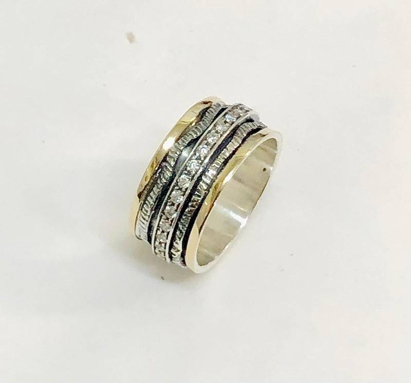 Zirkon Spinner Ring, 9K Gelb Gold Statement Chunky Boho Big Band Weißer Ring von KingDavidJewelryIL