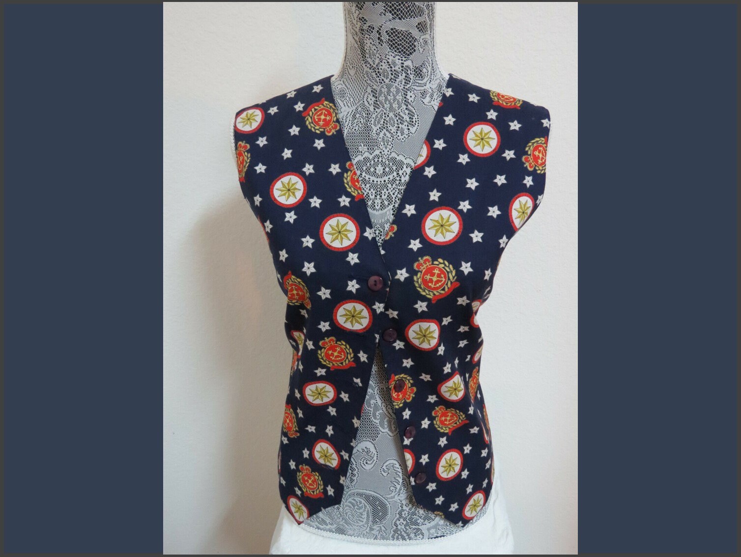 Sz 14 Navy Blue Nautical Star Print Vtg Womens Rayon #85N Suit Vest Waistcoat von KingJamesVintage