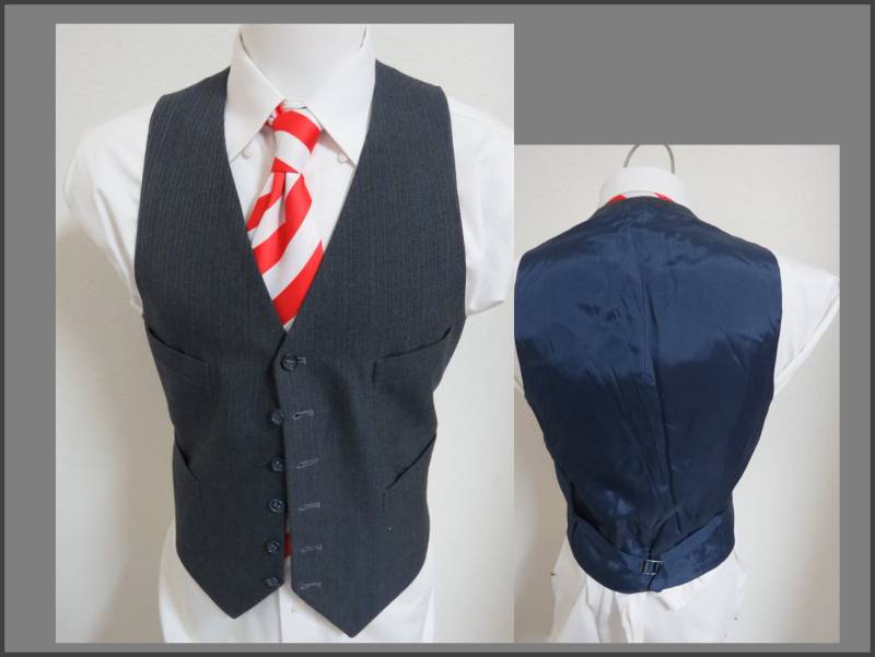 Sz 43 Marineblau/Tan Nadelstreifen Vintage Herren Polyester #42 M Anzug Vest Weste von KingJamesVintage