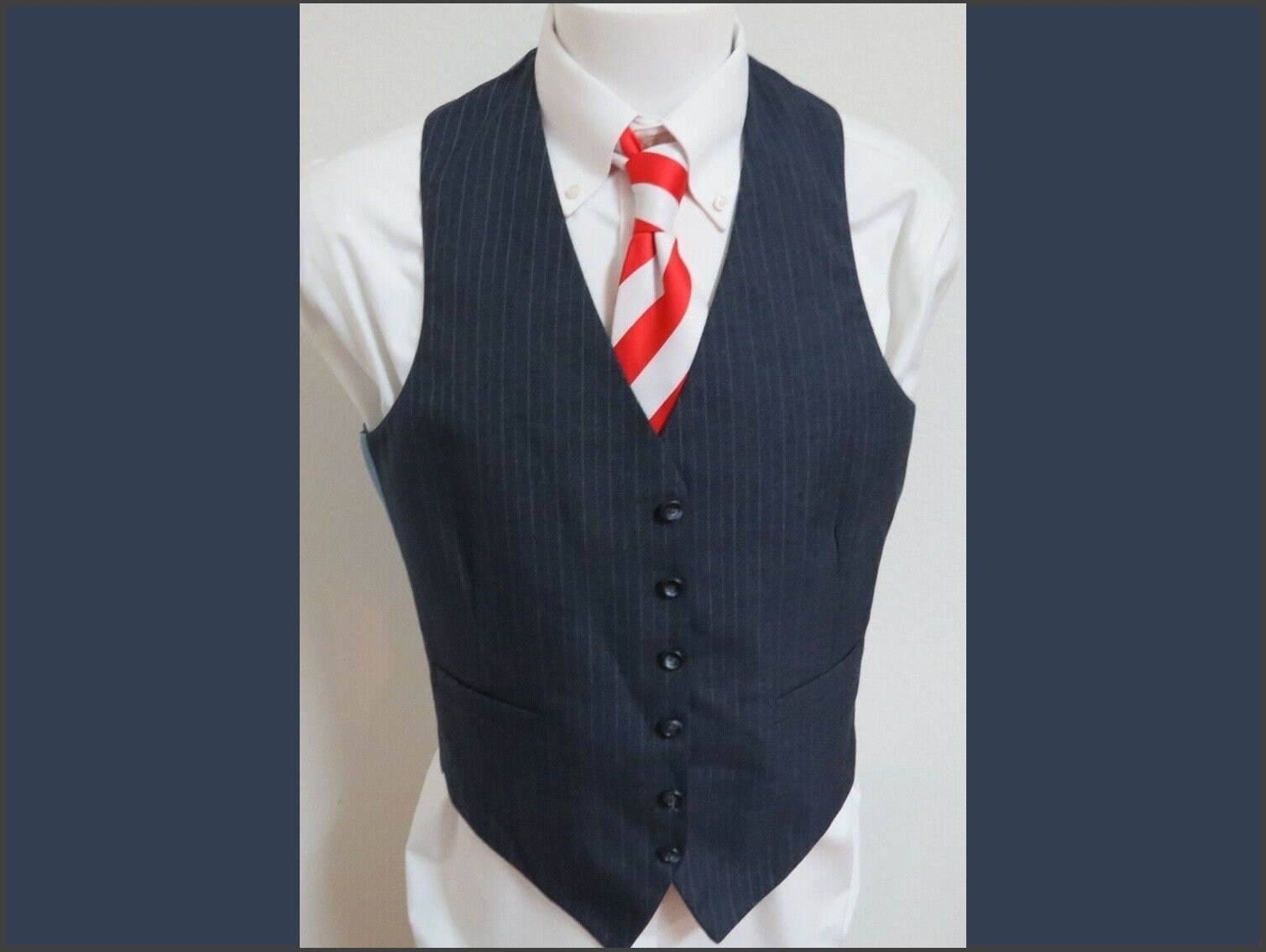 Sz L Navy Blue/Red/White Pinstriped Vintage Mens Polyester #643 Suit Vest von KingJamesVintage