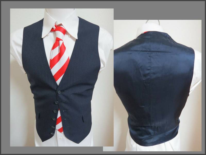Sz L Navy Blue/White Pinstriped Vintage Polyester #147T Mens Suit Vest Waistcoat von KingJamesVintage