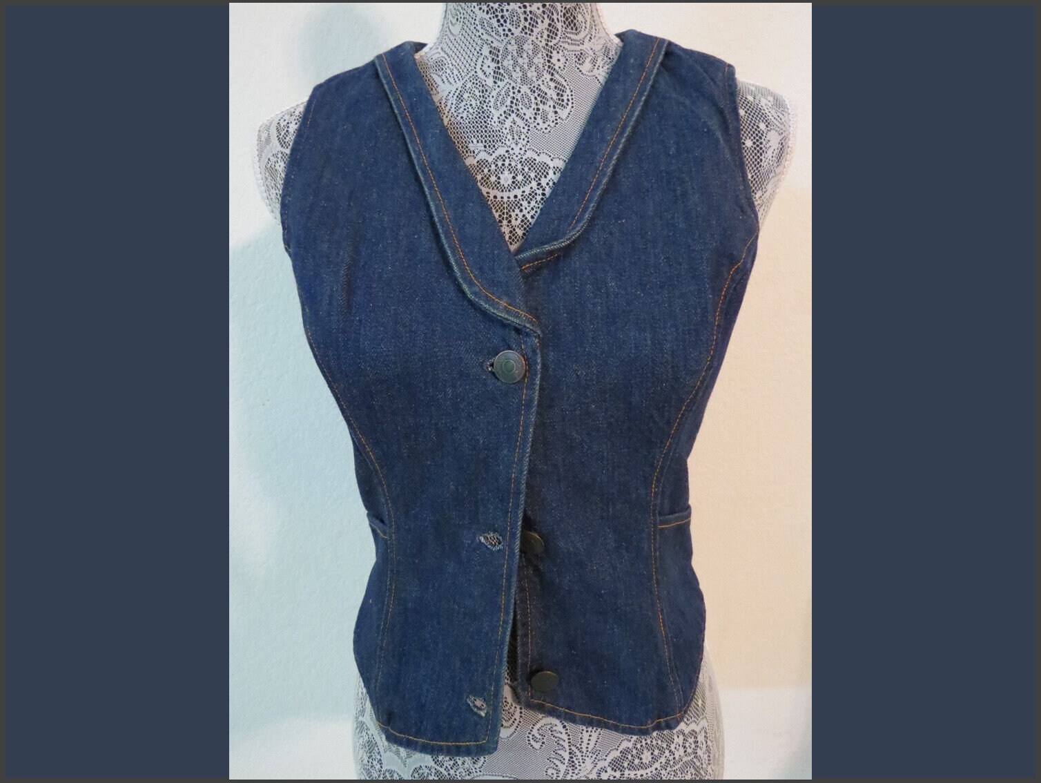 Sz S Blue Jean Denim Vintage #164 Juniors Indie Suit Vest Waistcoat von KingJamesVintage