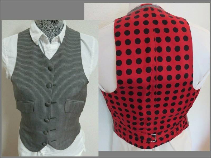 Sz-xs Silber Grau Gestreift Rot/Schwarz Polka Dot #67A Herren Anzug Weste von KingJamesVintage