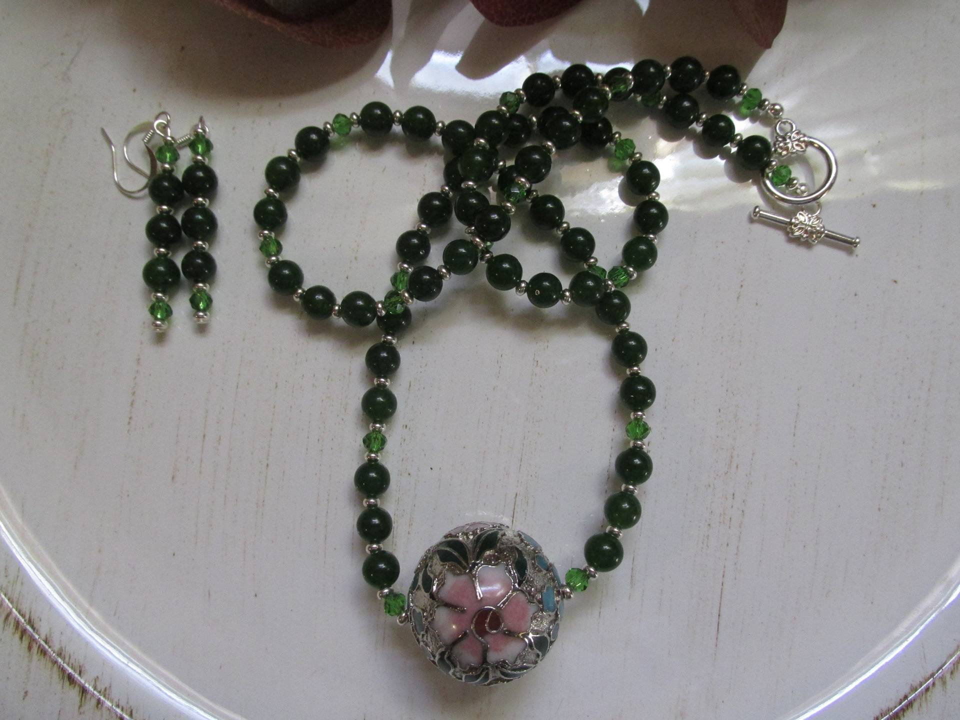 Vintage Cloisonné Und Jade Halskette Ohrringe, Einzelstück, Geschenk Für Sie, Jahrestagsgeschenk, Sterlingsilber, Stilvoll, Einzigartig, Art Deco Vintage Cloisonné Und Jade Halskette Ohrringe, Einzelstück, Geschenk Für Sie, Jahrestagsgeschenk, Sterlingsilber, Stilvoll, Einzigartig, Art Deco von KingJewelryByRebecca