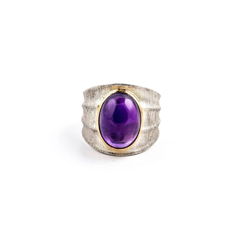 Gegrateter Bandring Aus 750 Gold Mit Bambus-struktur Und Amethyst von KingdomFineJewelry