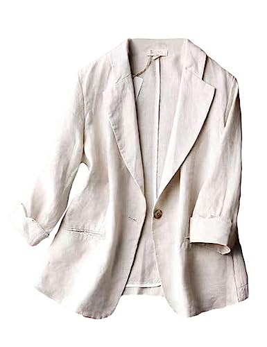 Kinghua Damen Casual One Button Leinen Blazer Jacken Revers 3/4 Ärmel Anzug Blazer, Cremeweiß, XXL von Kinghua